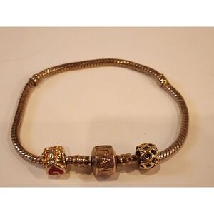 Pandora 14k Gold Plated Barrel Clasp Snake Chain Bracelet 7.7 inch W/ (2) Charms